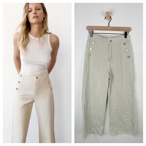 Zara Sailor Cropped Wide Leg Jeans Size 2 Cream Khaki Denim Gold Buttons